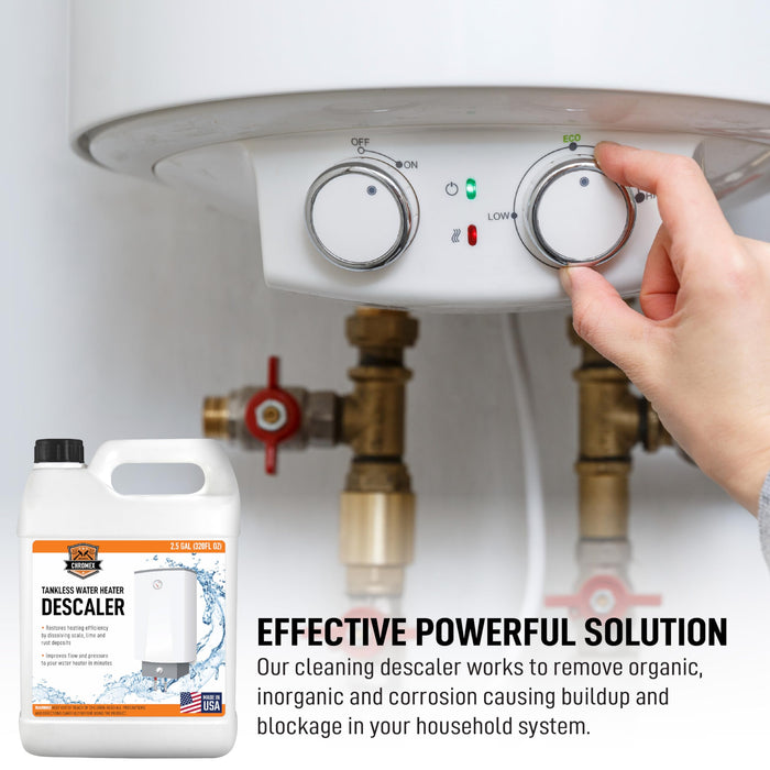 Chromex Tankless Water Heater Descaling Solution | Highly Effective Descaler Restores Heating Efficiency, 2.5 Gallon Bottle