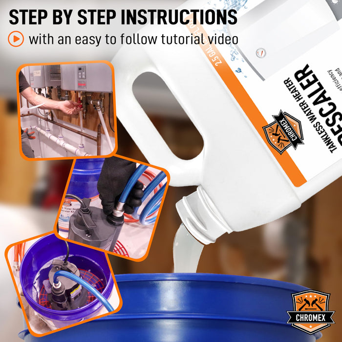 Chromex Tankless Water Heater Descaling Solution | Highly Effective Descaler Restores Heating Efficiency, 2.5 Gallon Bottle