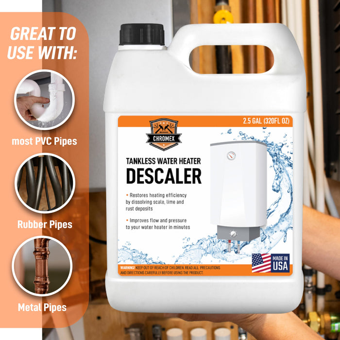 Chromex Tankless Water Heater Descaling Solution | Highly Effective Descaler Restores Heating Efficiency, 2.5 Gallon Bottle