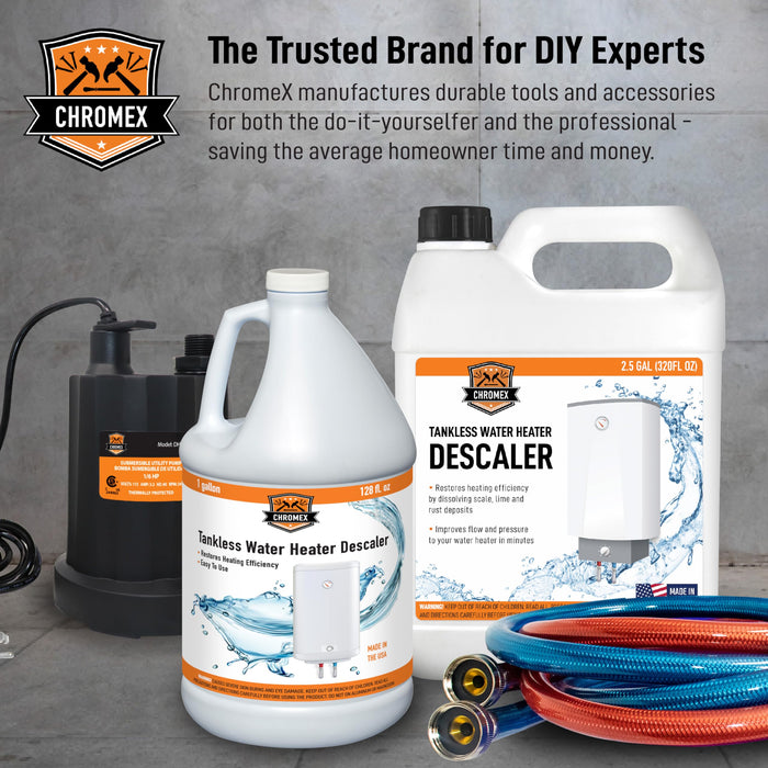 Chromex Tankless Water Heater Descaling Solution | Highly Effective Descaler Restores Heating Efficiency, 2.5 Gallon Bottle