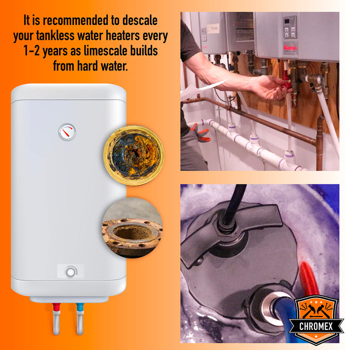 Chromex Tankless Water Heater Descaling Solution | Highly Effective Descaler Restores Heating Efficiency, 2.5 Gallon Bottle