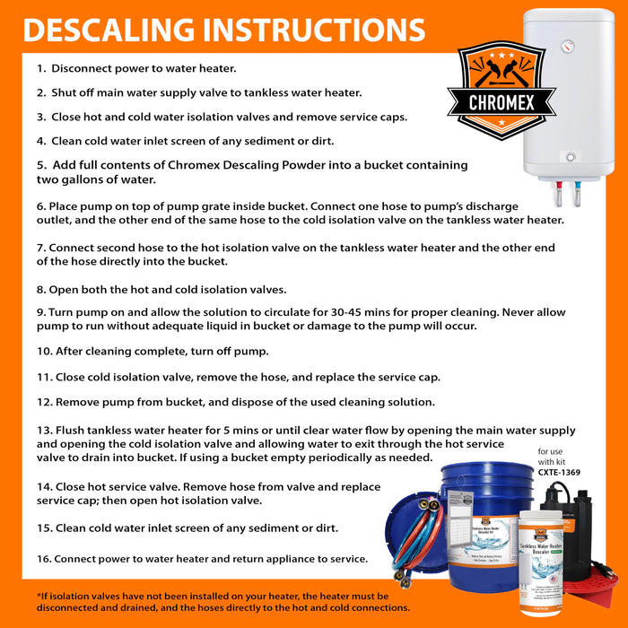 Chromex Tankless Water Heater Descaler Kit - Includes Biodegradable Descaler Solution