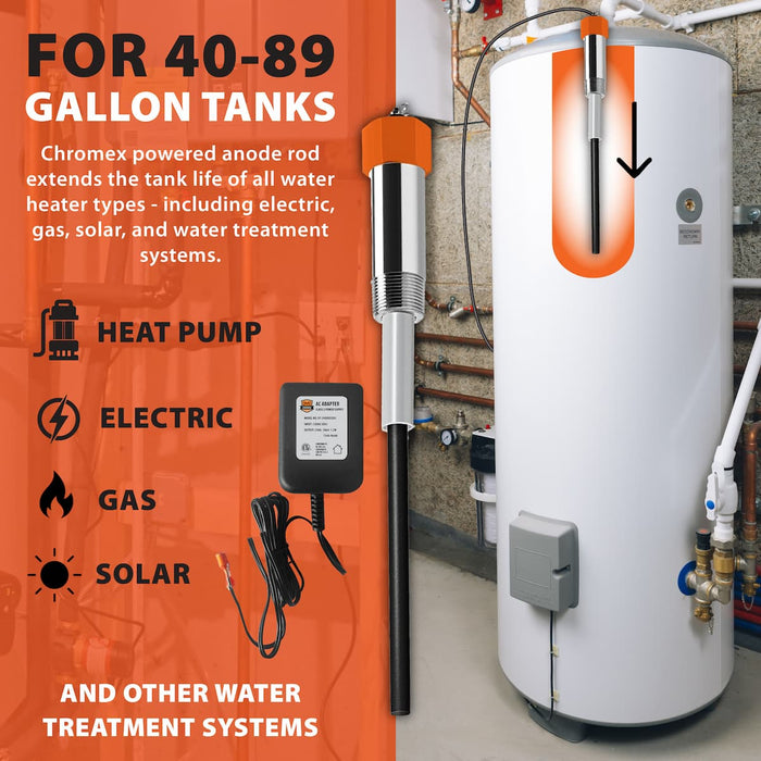 Chromex powered anode rod compatible with 40-89 gallon water heaters