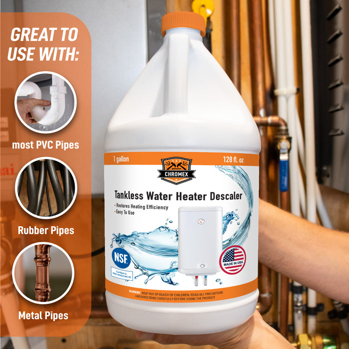 Chromex Tankless Water Heater Descaling Solution | Highly Effective Descaler, 1 gallon, 128 fl oz