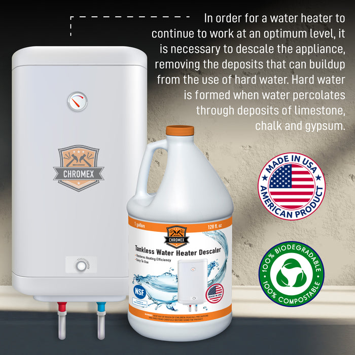 Chromex Tankless Water Heater Descaling Solution | Highly Effective Descaler, 1 Gallon, 128 fl oz, 4 Pack