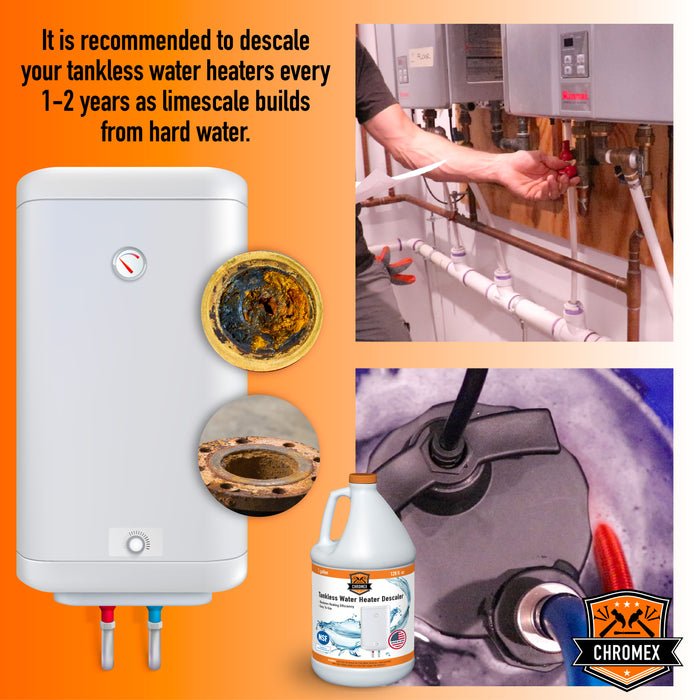 Chromex Tankless Water Heater Descaling Solution | Highly Effective Descaler, 1 Gallon, 128 fl oz, 4 Pack