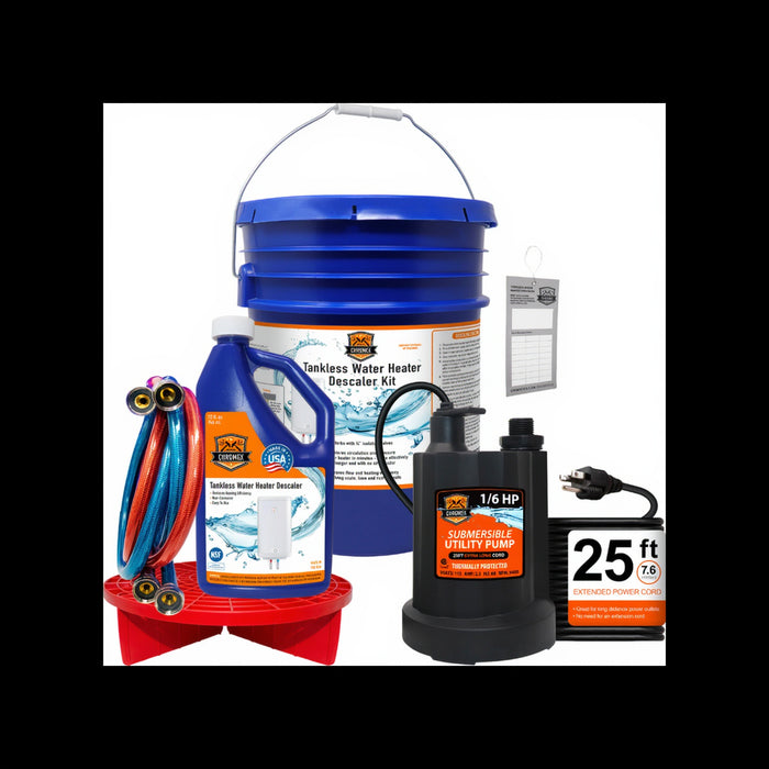 Tankless Water Heater Flush Kit – 1 Qt Solution, 1/6HP Heavy Duty Pump & 25 ft Pump