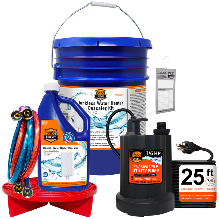 Tankless Water Heater Flush Kit – 1 Qt Solution, 1/6HP Heavy Duty Pump & 25 ft Pump
