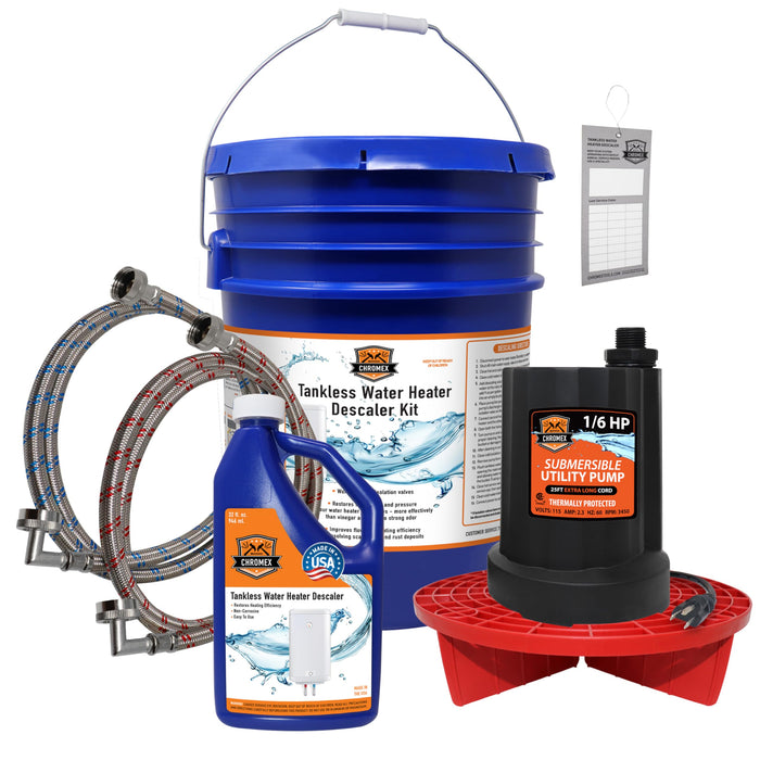 Chemical water treatment kit with blue bucket, pump, and hoses on a white background