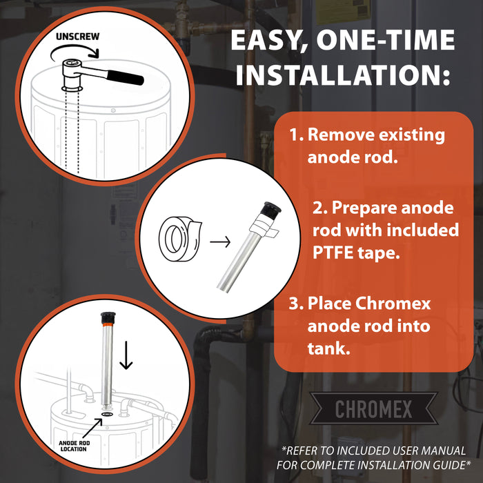 Chromex anode rod easy one time installation guide remove existing rod apply PTFE tape and place into water heater tank