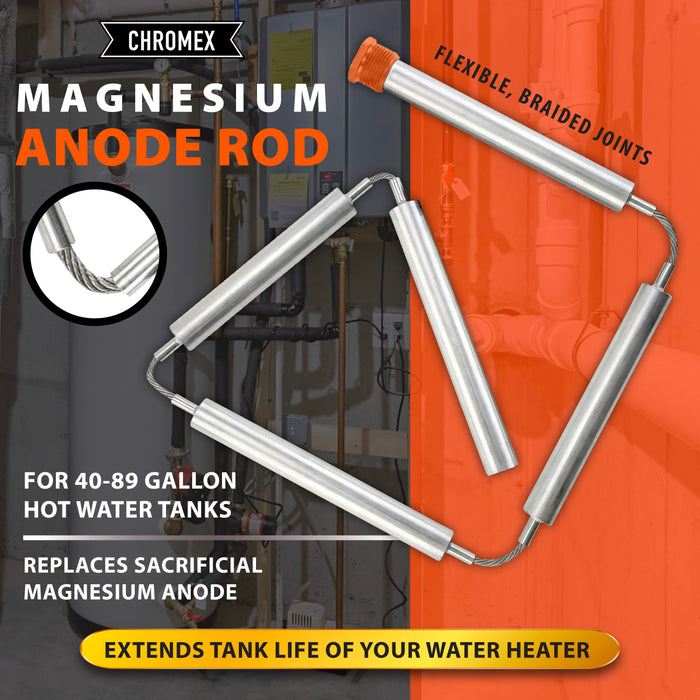 Chromex magnesium flexible anode rod with braided joints for 40 to 89 gallon hot water tanks extends tank life