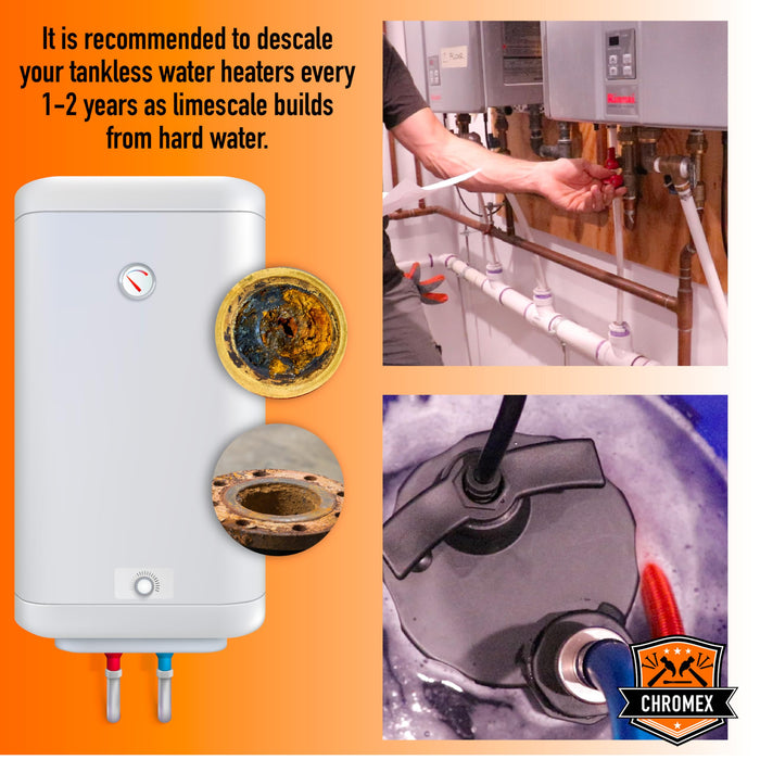 Chromex descaling solution recommended every 1-2 years to remove limescale buildup tankless water heater
