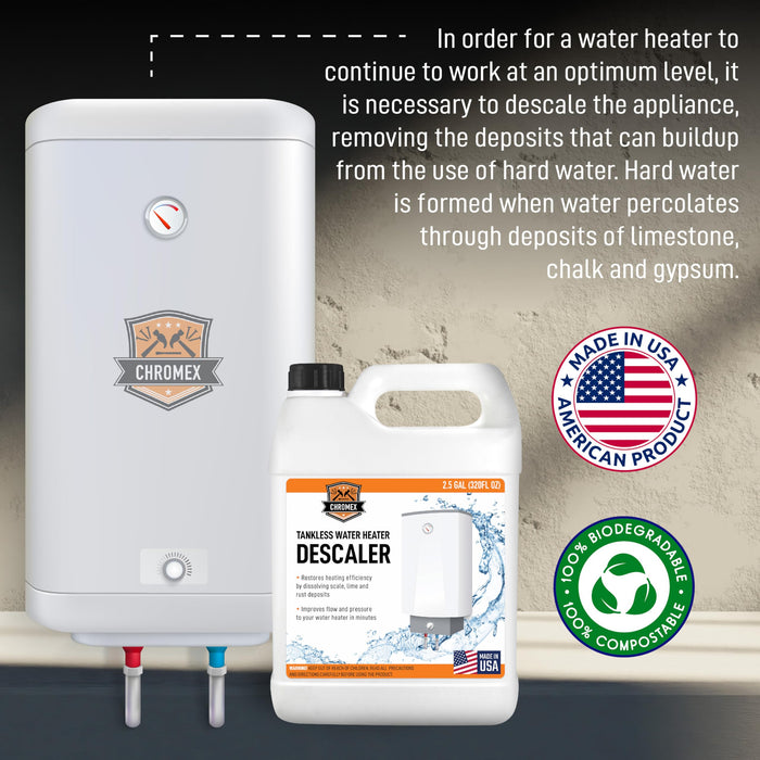 Chromex tankless water heater descaler made in USA 100 percent biodegradable and compostable