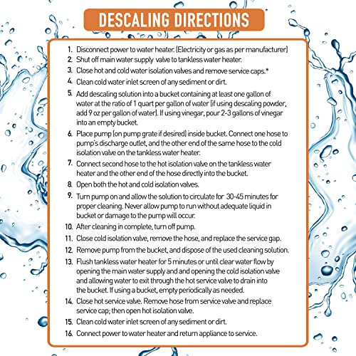 Chromex tankless water heater descaling directions step by step flush instructions