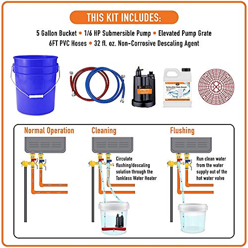 Chromex tankless water heater flush kit contents bucket pump hoses descaling solution