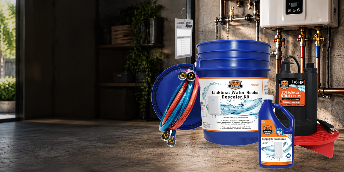 Chromex tankless water heater flush kit with blue bucket, 1/6 HP submersible pump, hoses and descaling solution beside a wall-mounted tankless water heater