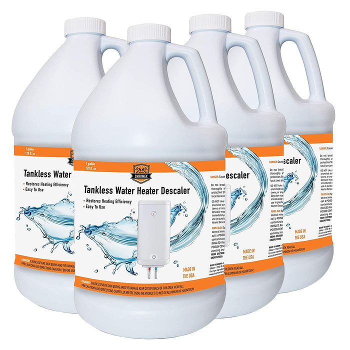 Chromex Tankless Water Heater Descaling Solution | Highly Effective Descaler, 1 Gallon, 128 fl oz, 4 Pack